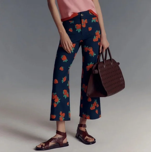 Anthropologie Maeve The Colette Strawberry Cropped Wide-Leg Linen Trousers 🍓🍓